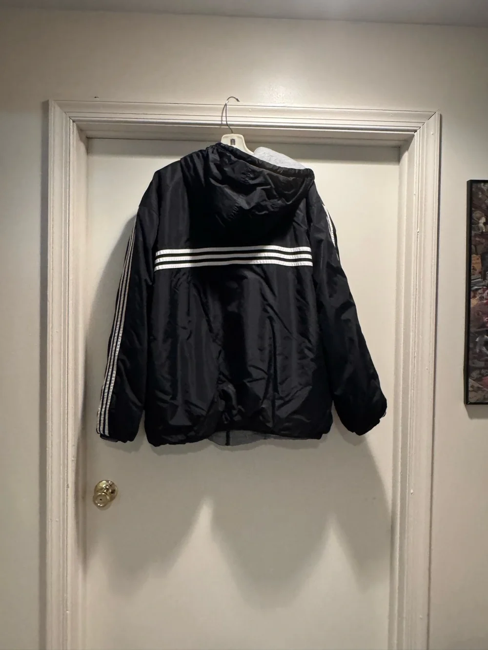 Vintage Adidas Black Hooded Reversible Hooded Puffer Jacket with White Stripe